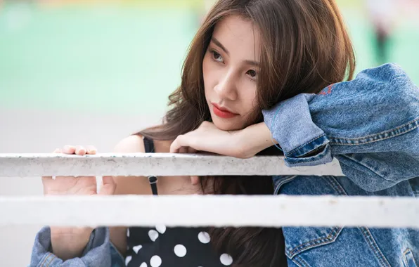 Pose, model, portrait, hands, makeup, hairstyle, railings, brown hair