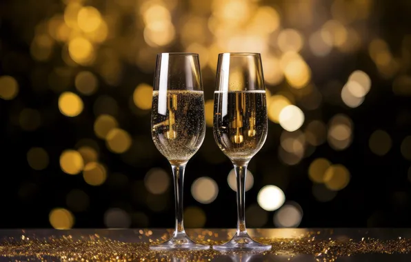 New Year, glasses, golden, new year, champagne, happy, Christmas, bokeh