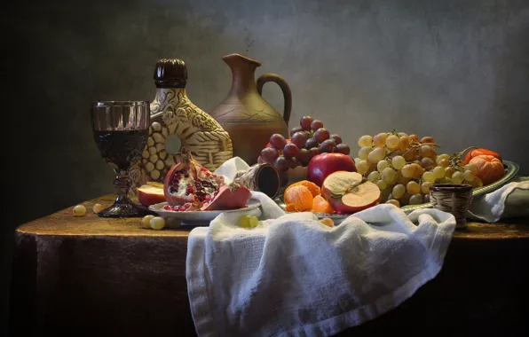 Wine, glass, fruit, still life, napkin, Kovaleva Svetlana, Svetlana Kovaleva