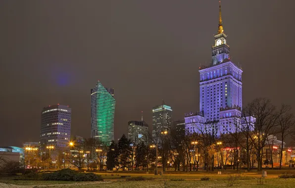 Night, lights, Poland, Warsaw