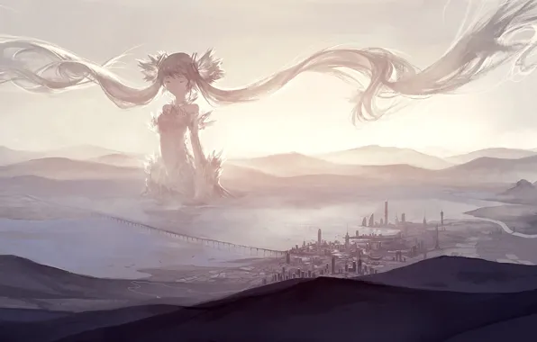 Picture the sky, girl, clouds, bridge, the city, anime, art, vocaloid