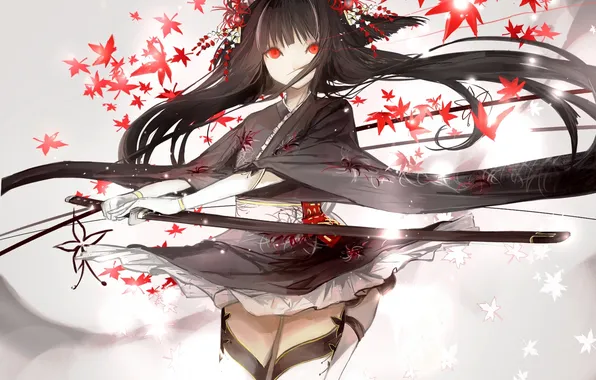 Girl, flowers, weapons, katana, anime, art, kimono, ears