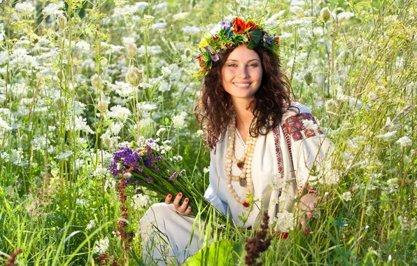 Picture girl, flowers, brunette, beads, wreath, Ukrainian, embroidery