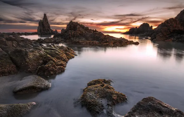 Picture sea, rocks, dawn, coast