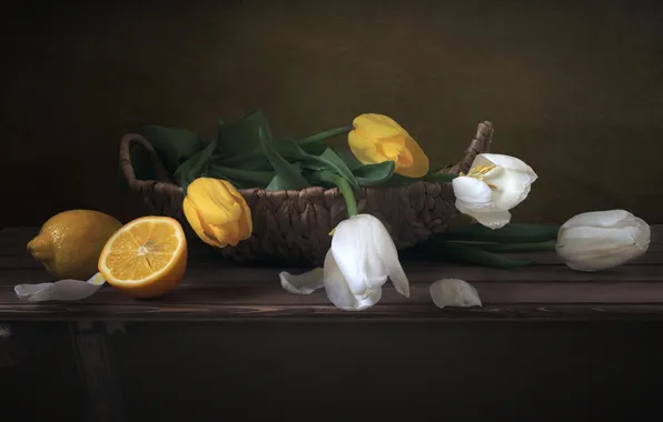 Lemon, basket, tulips