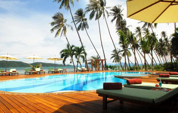 Picture palm trees, the ocean, pool