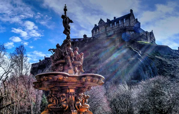 Trees, castle, Scotland, hill, fountain, Scotland, Edinburgh, Edinburgh