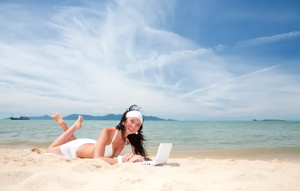 Girl, summer, beach, party, beautiful, laptop, travel