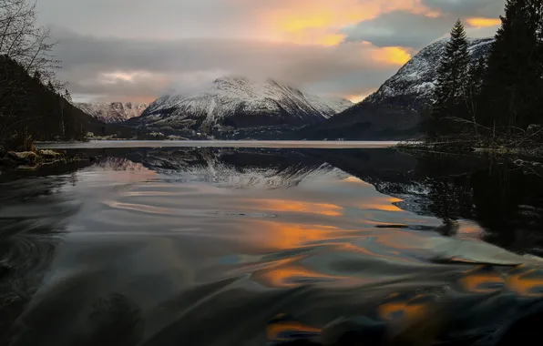 Wave, the sky, water, clouds, light, snow, mountains, branches