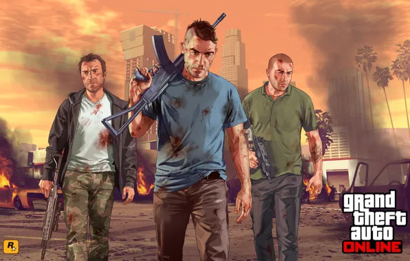Picture the city, soldiers, art, Grand Theft Auto 5, gta online, Team survivor, AK 47