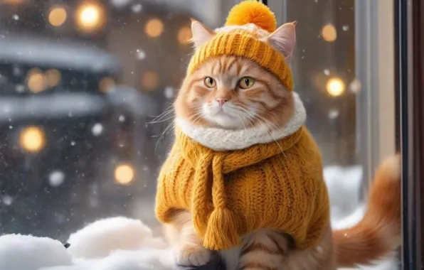 Wallpaper Winter, Cat, Cat, Look, Snow, Yellow, Pose, Clothing For 