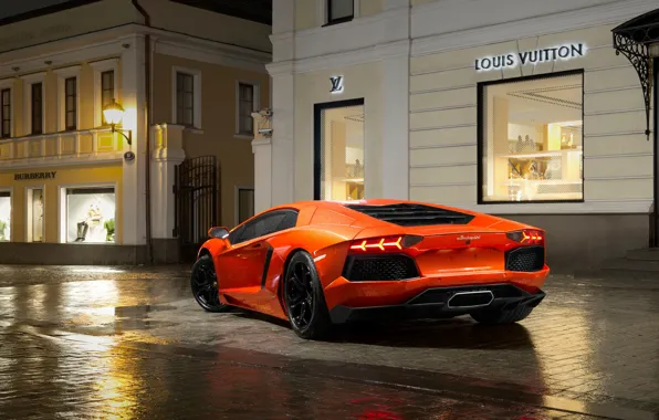 Picture Auto, Night, Lamborghini, Orange, Supercar, Lamborghini, LP700-4, Aventador