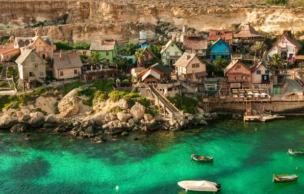 Sea, landscape, nature, stones, rocks, home, boats, village