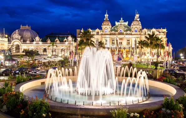 Night, lights, fountain, Palace, Monaco, Monte Carlo, Casino