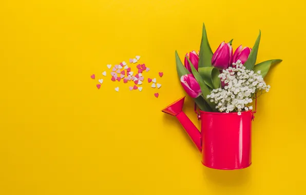 Flowers, bouquet, hearts, tulips, lake