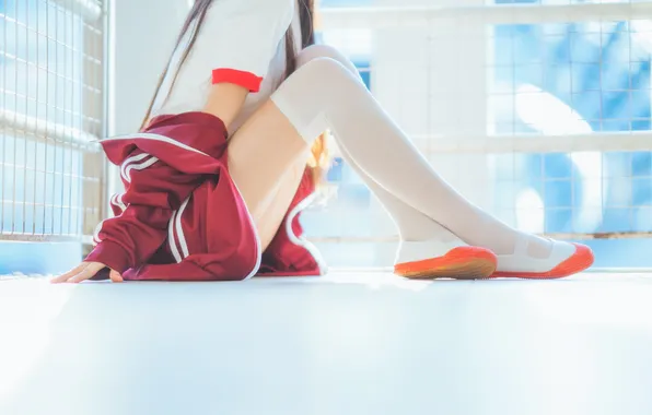 Asian, Woman, Jacket, Sitting, Uniform, Floor, Socks, Sports Clothing
