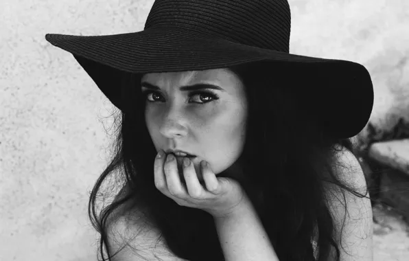 Girl, hat, b/W, brunette, black and white