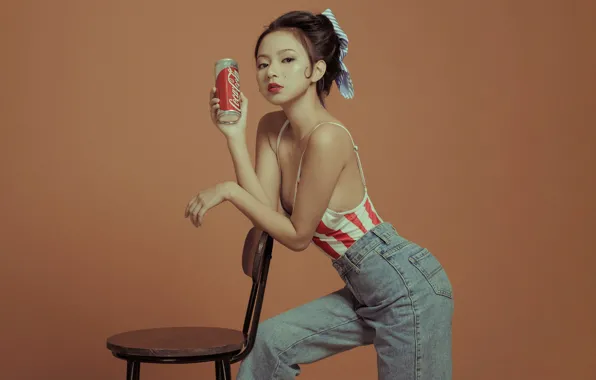 Picture look, girl, pose, background, jeans, chair, Asian, Coca-Cola
