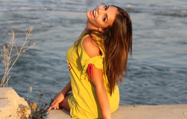 Water, girl, smile, brown hair, tunic