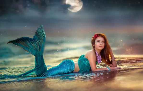 Picture sea, water, decoration, the moon, shore, mermaid, girl, the little mermaid