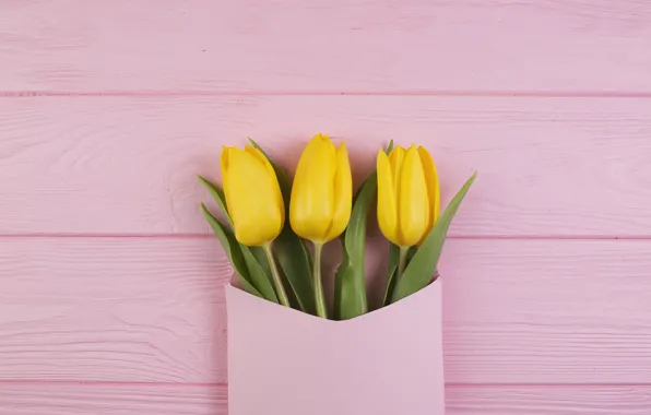 Flowers, bouquet, yellow, tulips, fresh, yellow, wood, pink