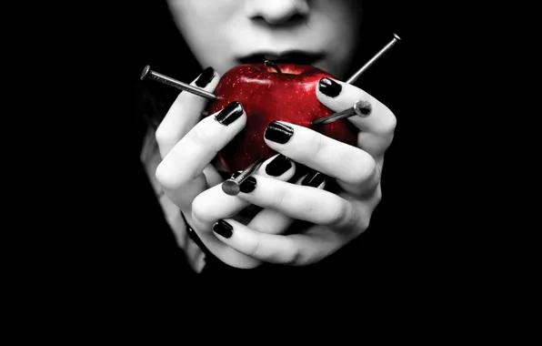 HANDS, FACE, NAILS, APPLE, PALM, BLACK BACKGROUND