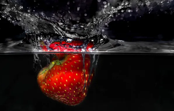 Water, drops, squirt, splash, strawberry, berry, black background, one