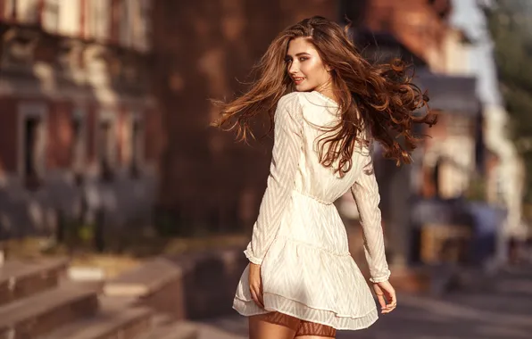 Summer, girl, the city, pose, smile, the wind, street, model
