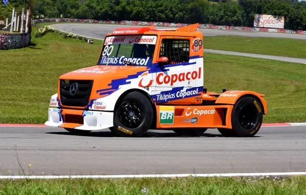 Picture asphalt, orange, Mercedes-Benz, track, truck, racing, bonnet