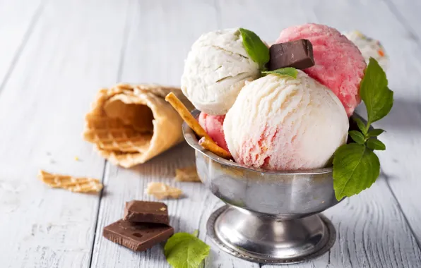 Picture balls, ice cream, dessert, vanilla, strawberry, waffle cone, Myfoodie