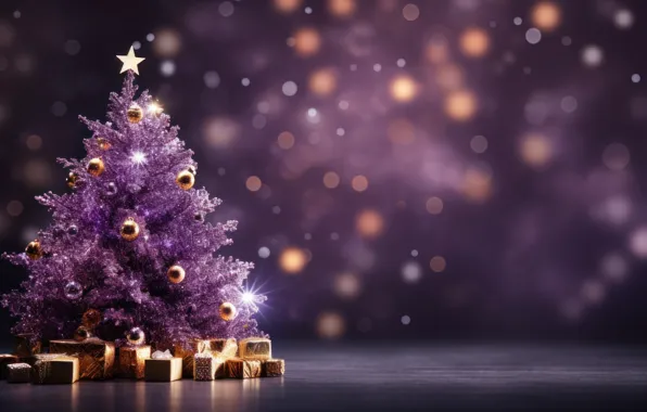 Balls, lights, the dark background, star, Shine, Christmas, purple, gifts