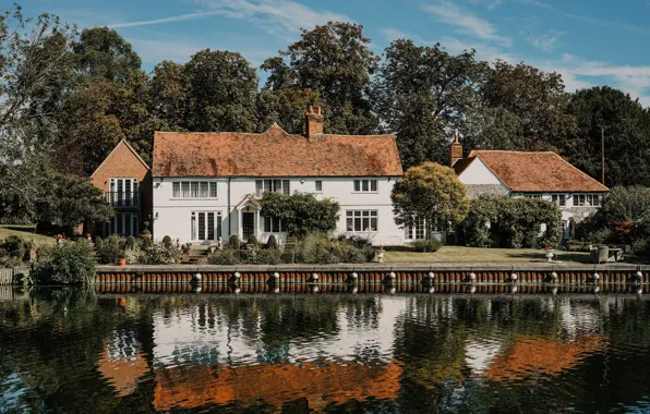 Roof, the sky, water, trees, lake, house, reflection, street