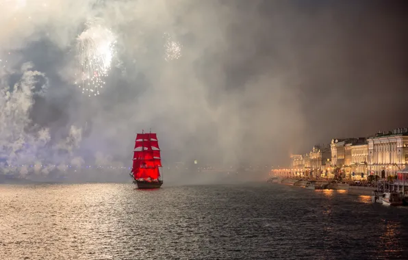 Night, river, holiday, smoke, ship, salute, Peter, Saint Petersburg