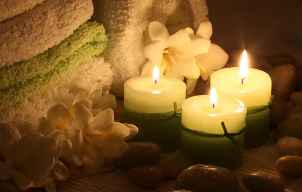 Flowers, towel, candles, flowers, Spa, Spa, candles, towel