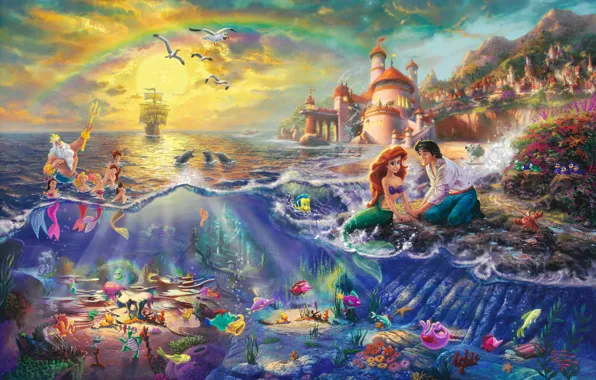 Picture castle, cartoon, rainbow, sail, Prince, painting, Princess, Ariel