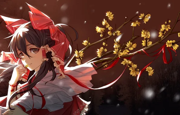Face, branch, bracelet, bow, flowering, touhou, bangs, Hakurei Reimu