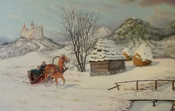 Winter, snow, trees, bridge, house, castle, horse, sleigh