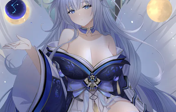 Girl, sexy, yukata, cleavage, thighhighs, long hair, dress, boobs