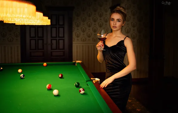 Picture girl, table, balls, glass, dress, Billiards, Anna Shuvalova