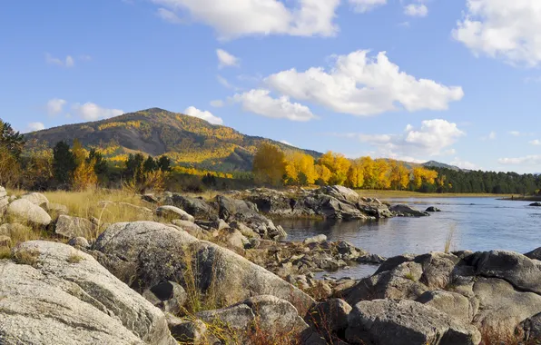 Autumn, trees, lake, stones, rocks, hills