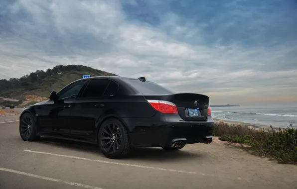 Picture sea, the sky, clouds, black, shore, bmw, BMW, Parking