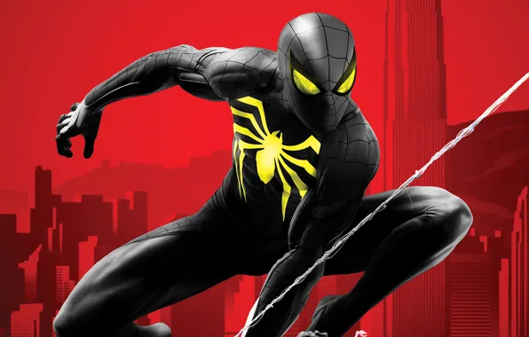 Fiction, black, web, art, costume, red background, comic, Spider-man