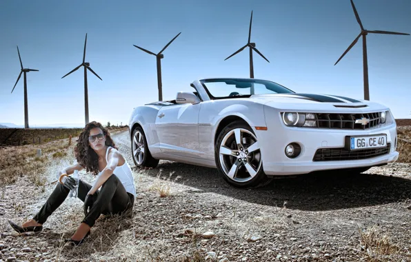 Picture girl, Road, windmills, 2011, Chevrolet Camaro Convertible