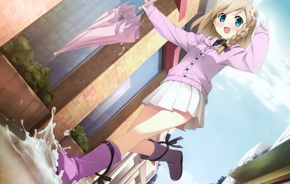 Joy, umbrella, girl, puddles, boots, blue eyes, runs, on the street