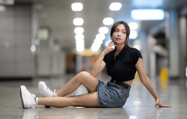 Girl, skirt, t-shirt, legs, Asian, sitting