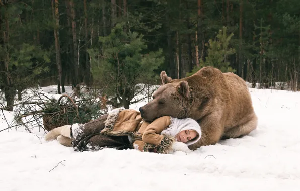 Picture winter, forest, girl, sleep, bear