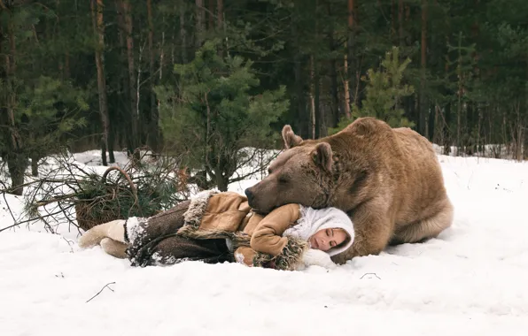 Winter, forest, girl, sleep, bear