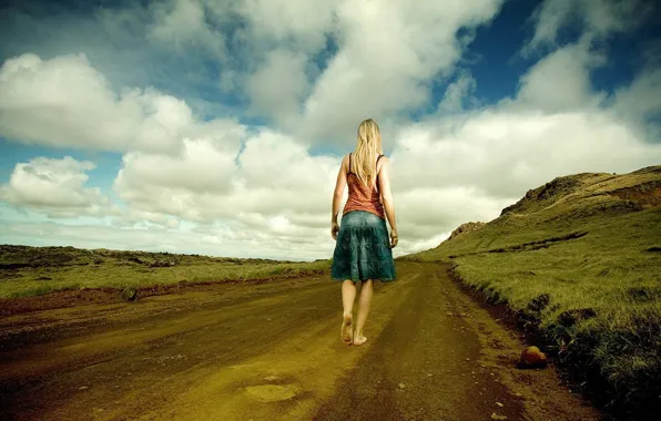 Clouds, Road, barefoot
