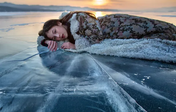 Winter, girl, sunset, pose, ice, frozen lake, Elena Shumilova