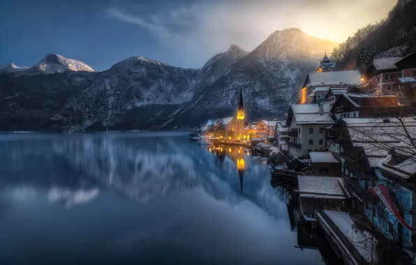 Light, mountains, the city, lake, Austria, the village